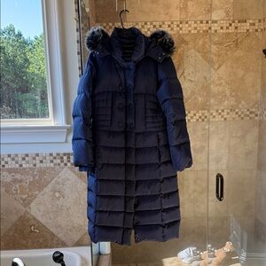 Navy Long Puffer Coat Fur Hood Women’s Size L Warm Quilted Winter Jacket